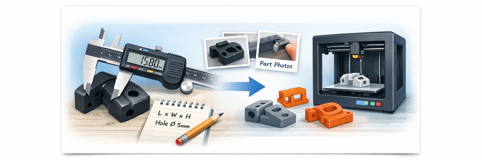 Minimal clean illustration showing calipers, a part, and a 3D printing workflow.