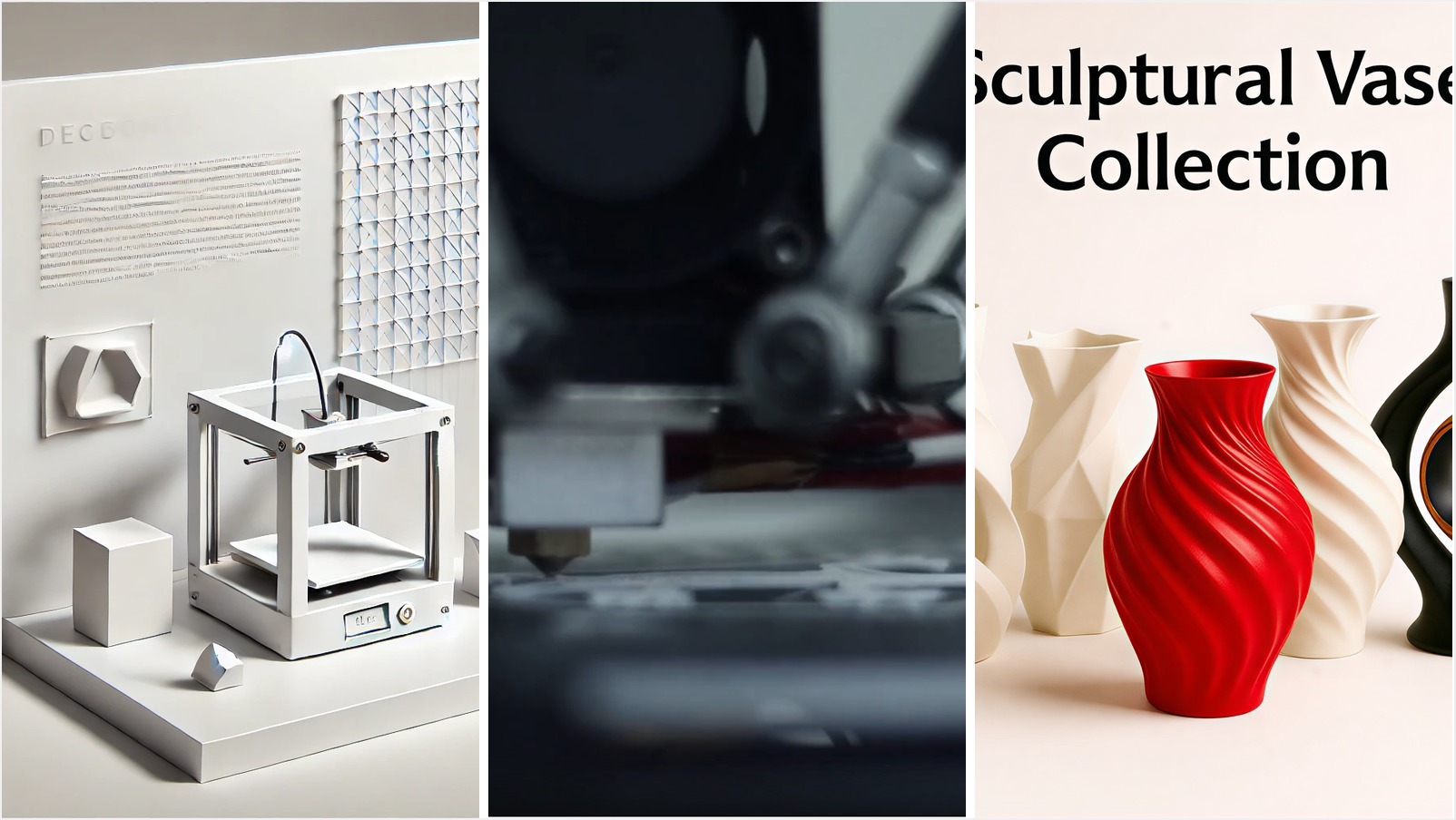 A clean collage showing 3D printing in action and examples of finished decorative prints.
