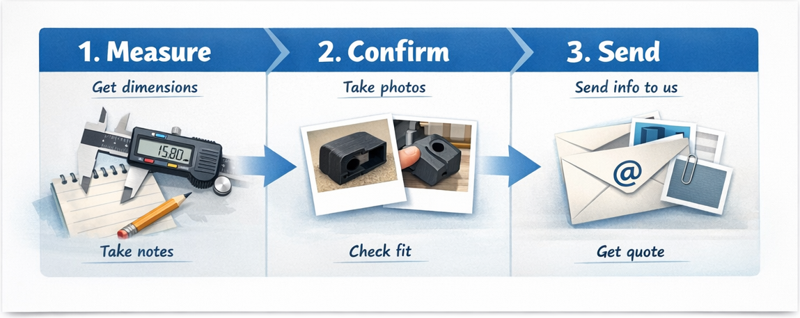 Clean infographic showing a three-step workflow: measure, confirm, send.