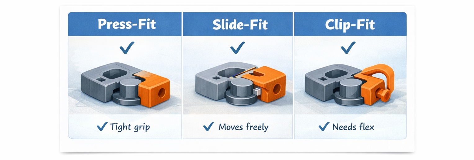 Clean infographic showing three different fit clearances between a peg and a socket.