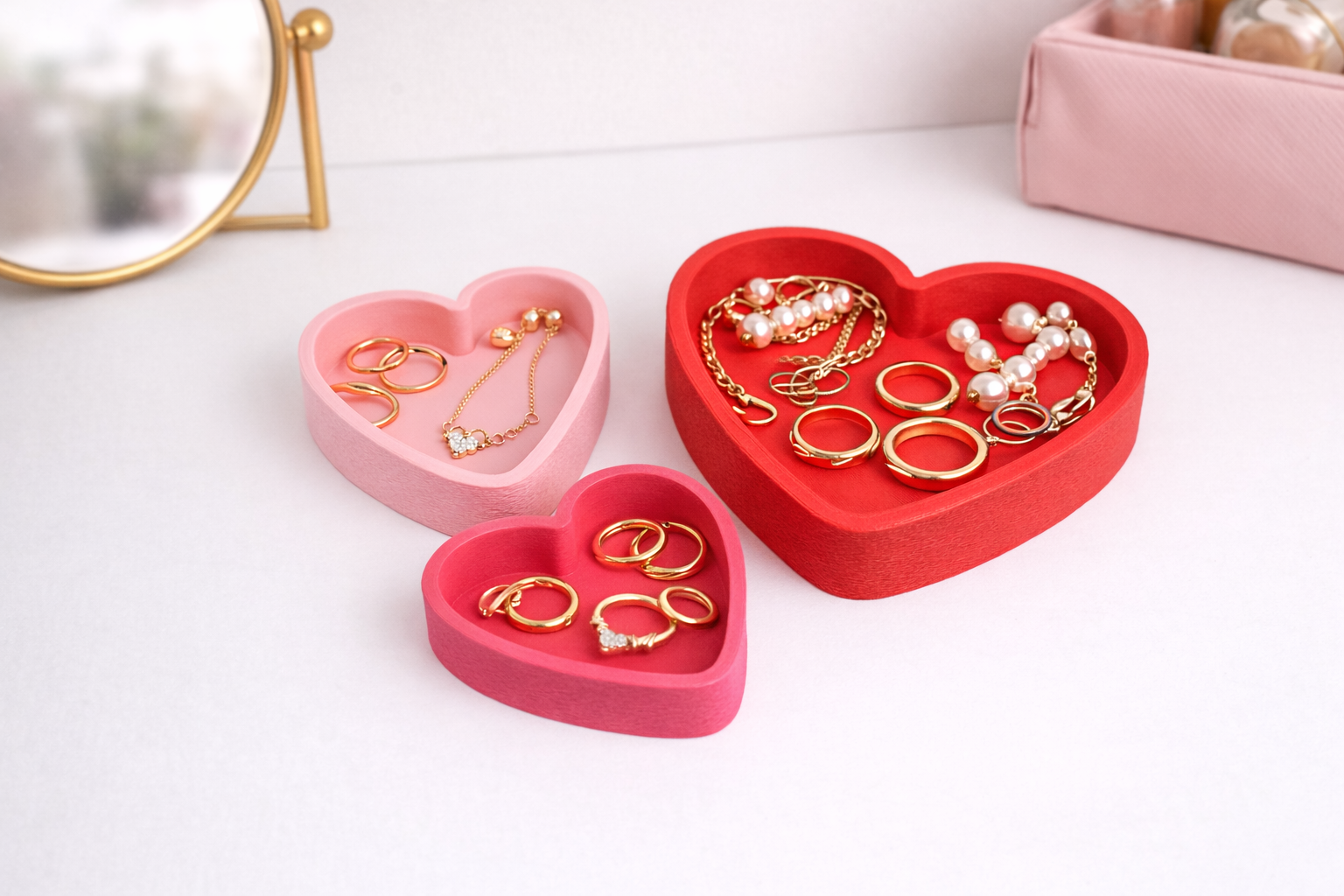 Heart Trinket Tray STL Set of 3 – Heart Jewellery Dish & Catchall Organiser, 3D Printable