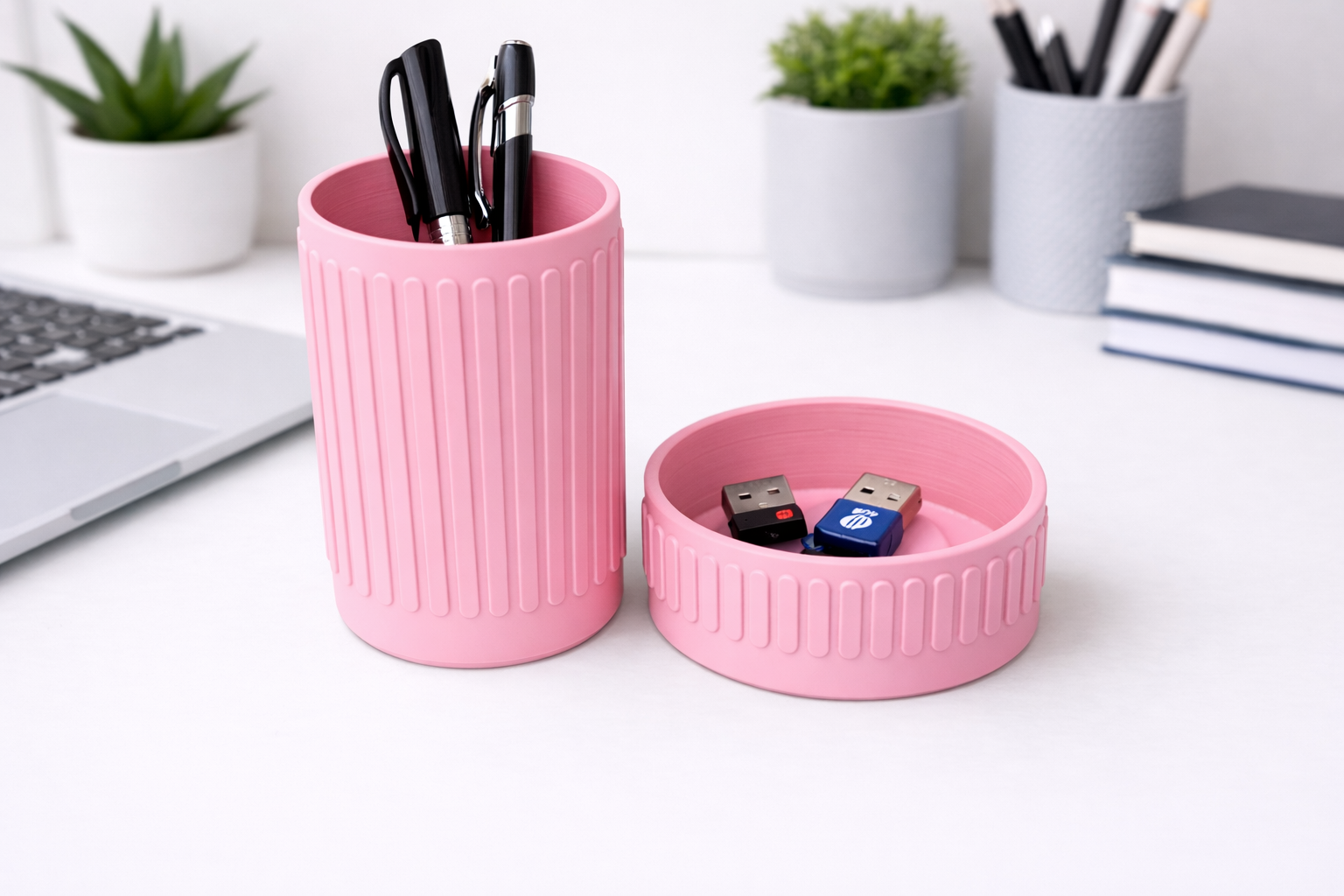 Desk Organiser STL Bundle – Ribbed Pen Holder + Catchall Tray