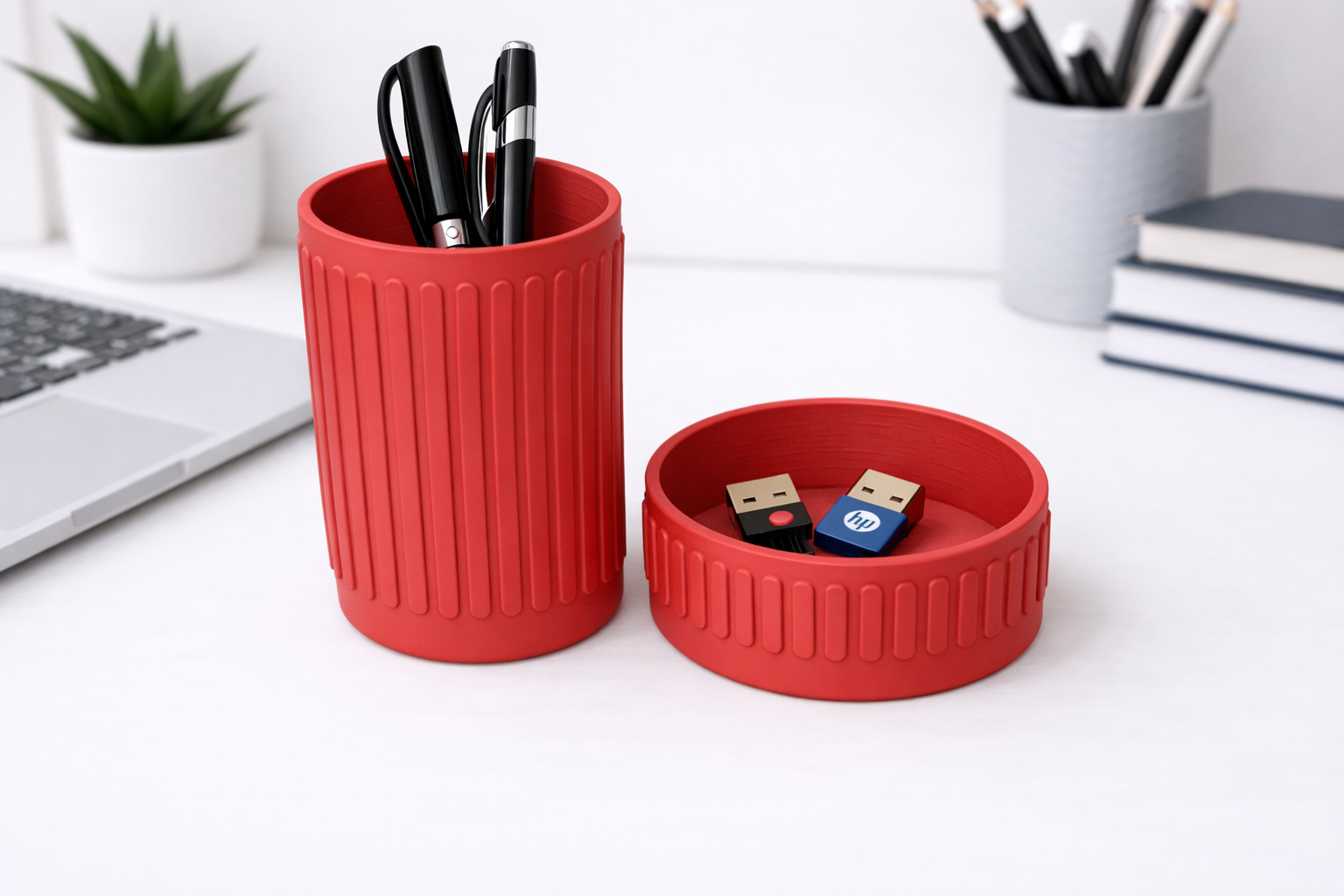 Desk Organiser STL Bundle – Ribbed Pen Holder + Catchall Tray