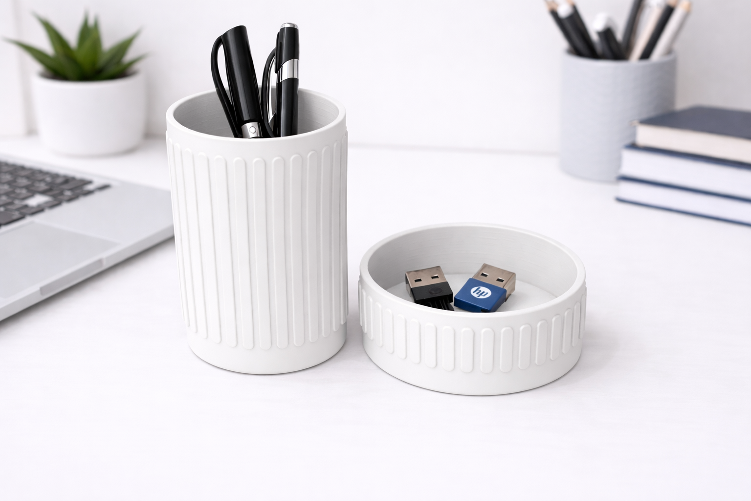 Desk Organiser STL Bundle – Ribbed Pen Holder + Catchall Tray