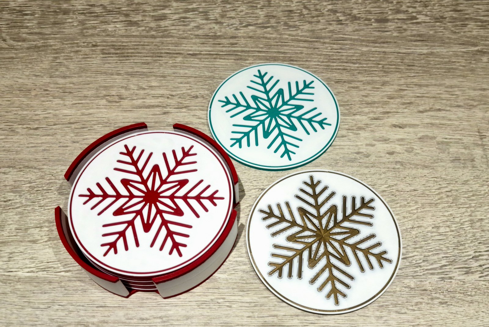 Snowflake Coaster Set with Holder – Christmas Table Décor (STL Download or Physical)