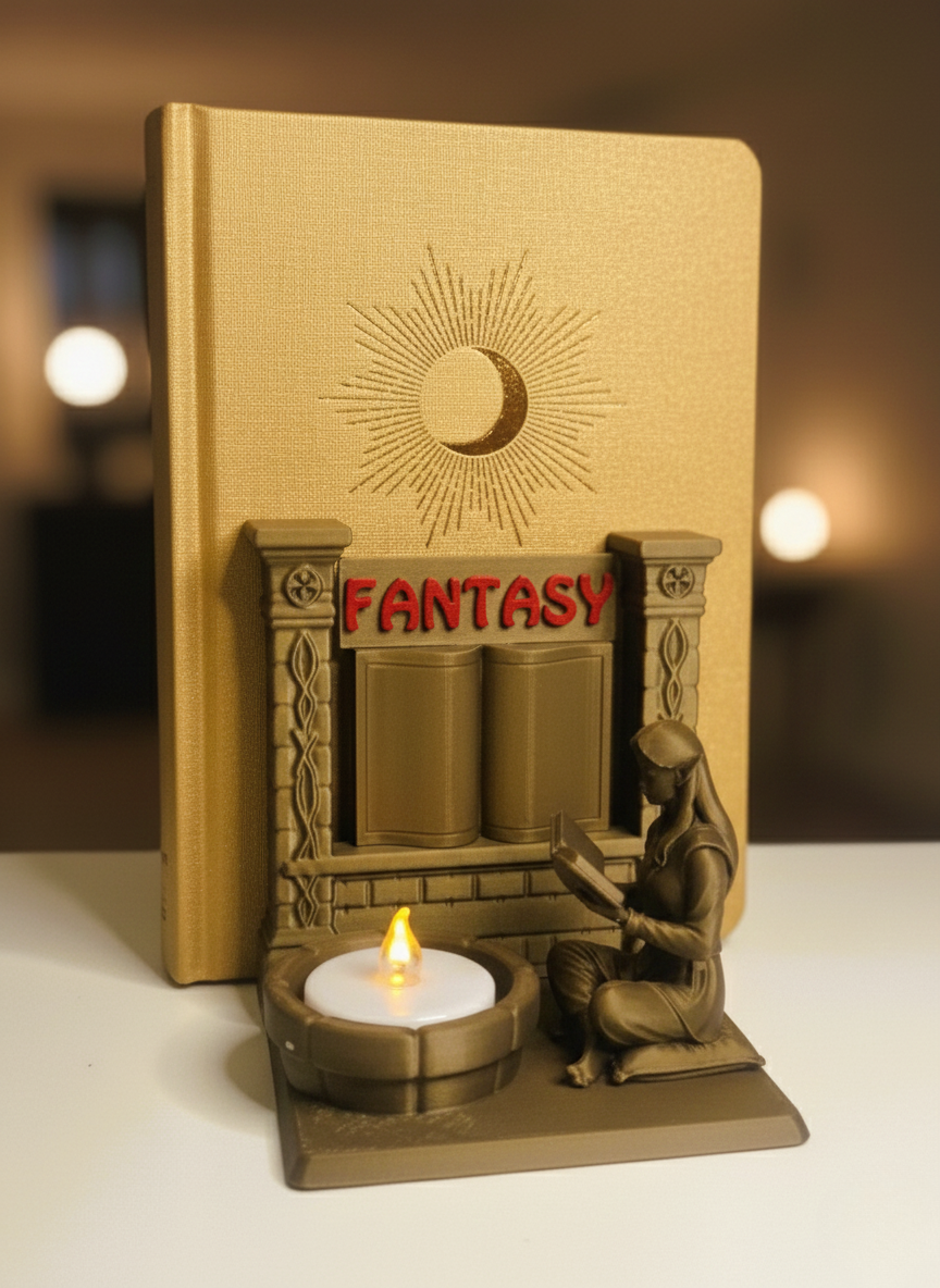 Fantasy Bookend STL – Elf Reading by Candlelight, Book Nook Shelf Decor, Printable 3D Model