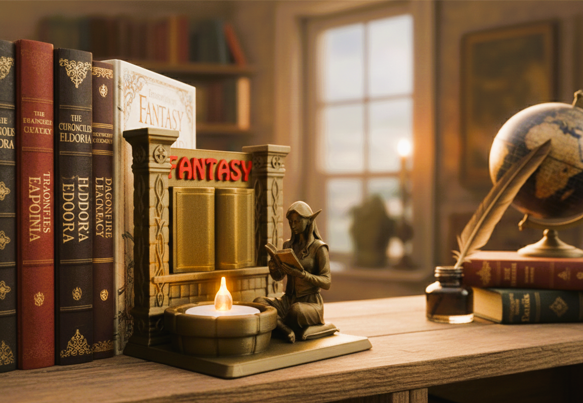 Fantasy Bookend STL – Elf Reading by Candlelight, Book Nook Shelf Decor, Printable 3D Model