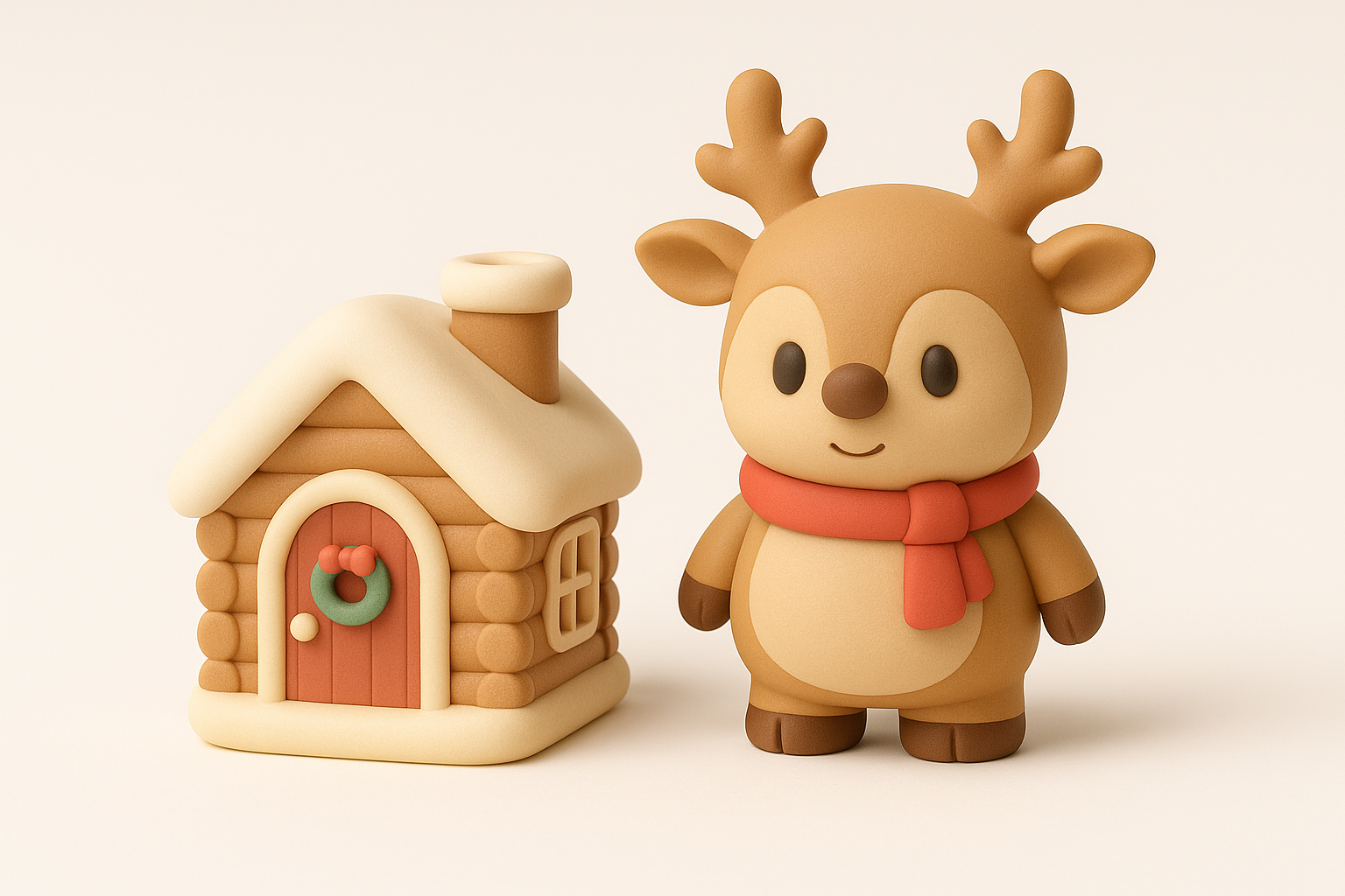 Nibbles the Reindeer & Log Cabin Christmas Figurine Set -  STL 3D Printable
