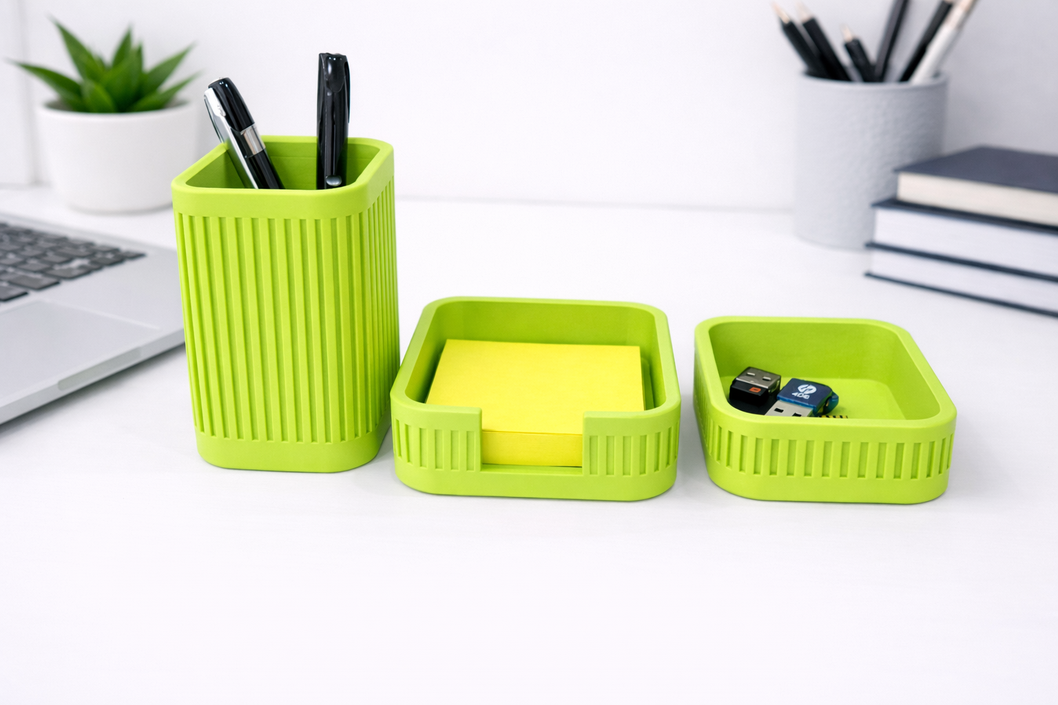 Ribbed Desk Organiser STL Set – Pen Holder, Sticky Note Holder & Small Tray (Minimalist Desktop Storage)