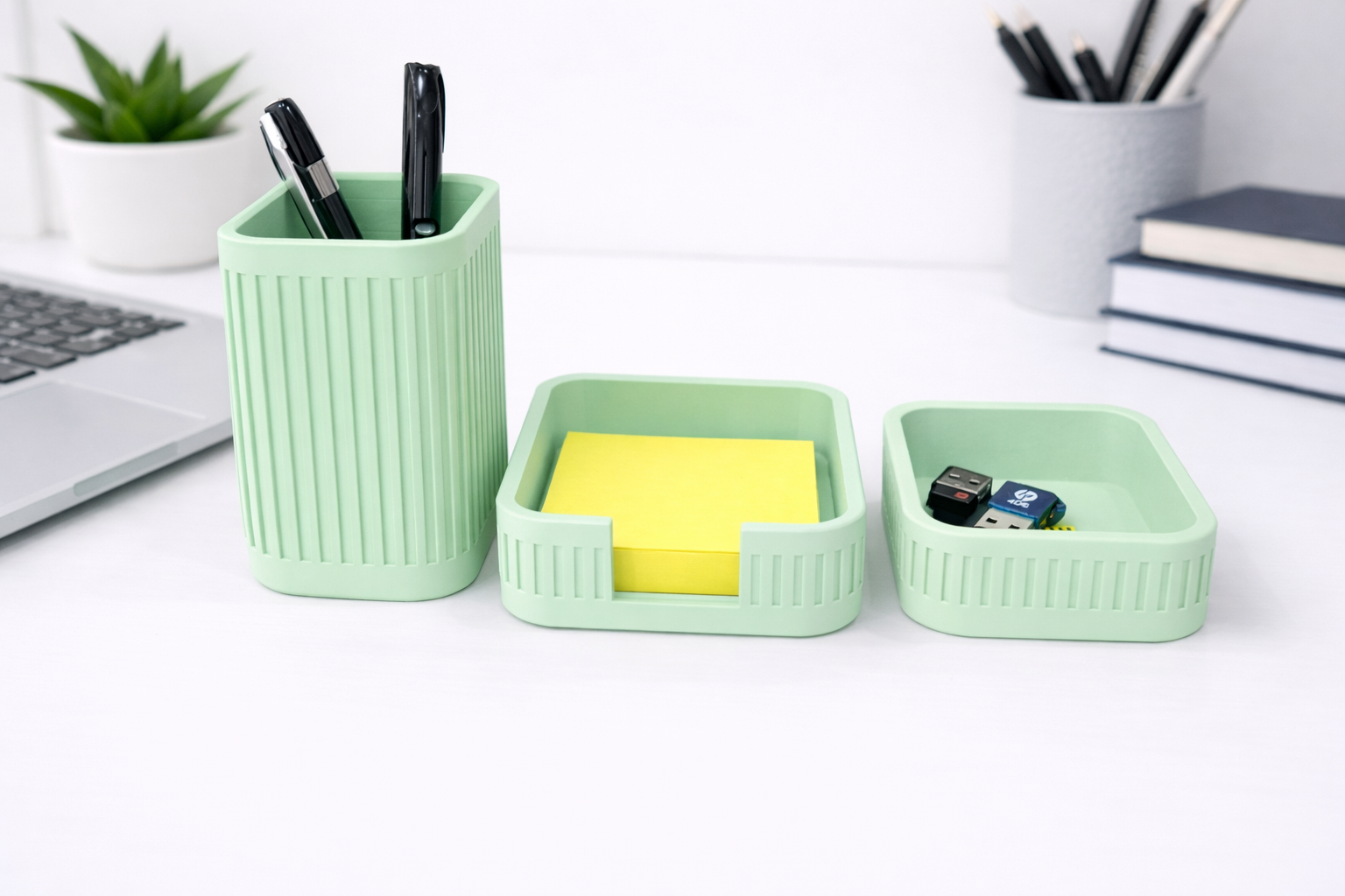 Ribbed Desk Organiser STL Set – Pen Holder, Sticky Note Holder & Small Tray (Minimalist Desktop Storage)
