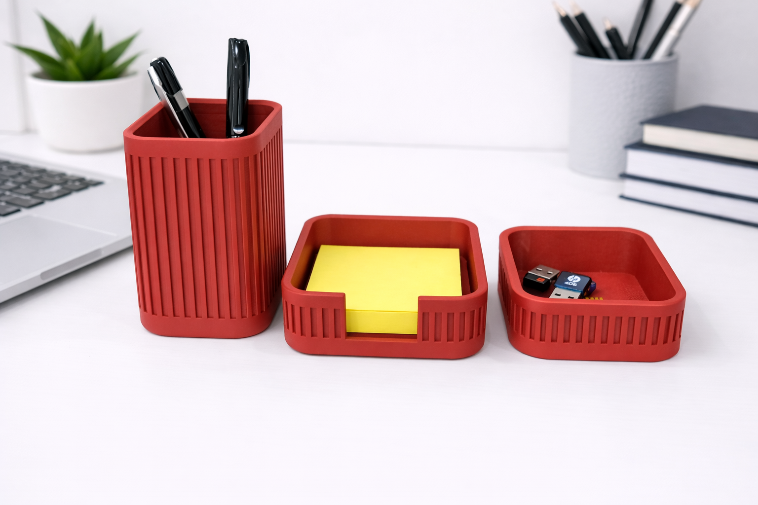 Ribbed Desk Organiser STL Set – Pen Holder, Sticky Note Holder & Small Tray (Minimalist Desktop Storage)