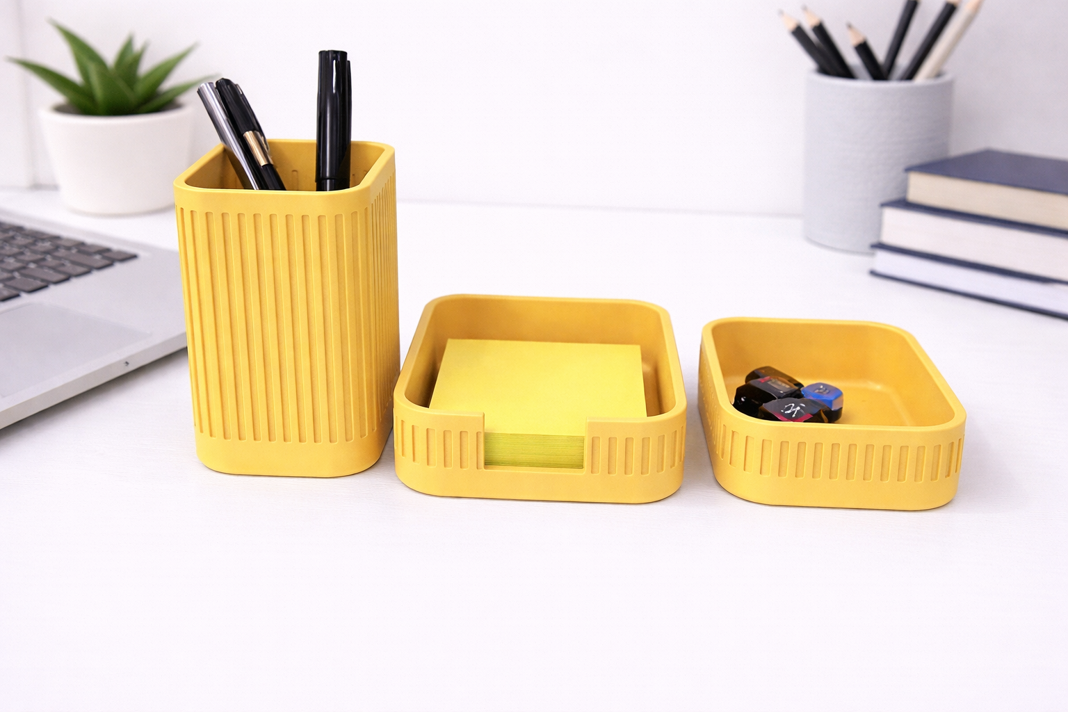 Ribbed Desk Organiser STL Set – Pen Holder, Sticky Note Holder & Small Tray (Minimalist Desktop Storage)