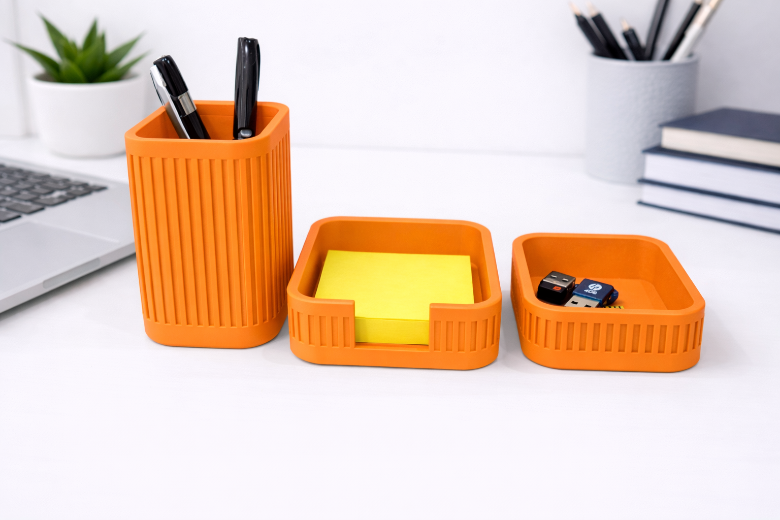 Ribbed Desk Organiser STL Set – Pen Holder, Sticky Note Holder & Small Tray (Minimalist Desktop Storage)