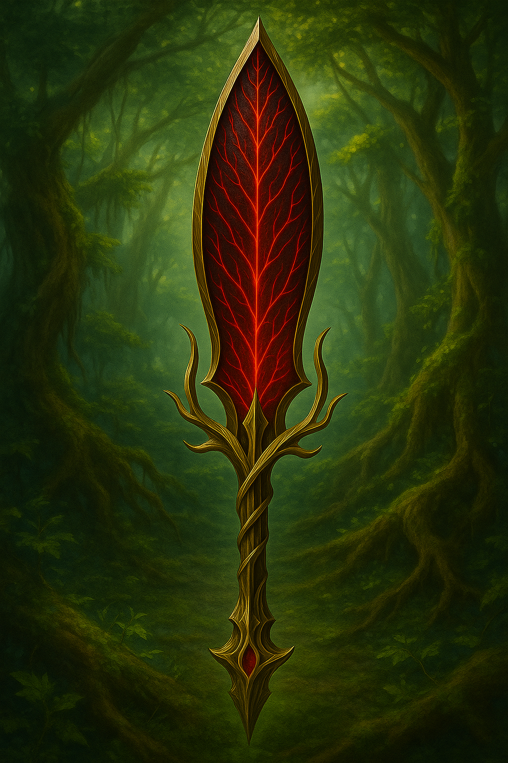 Elven Verdant Leafblade Nature Sword, Nature-Forged Blade with Red Energy Veins and Vine Hilt