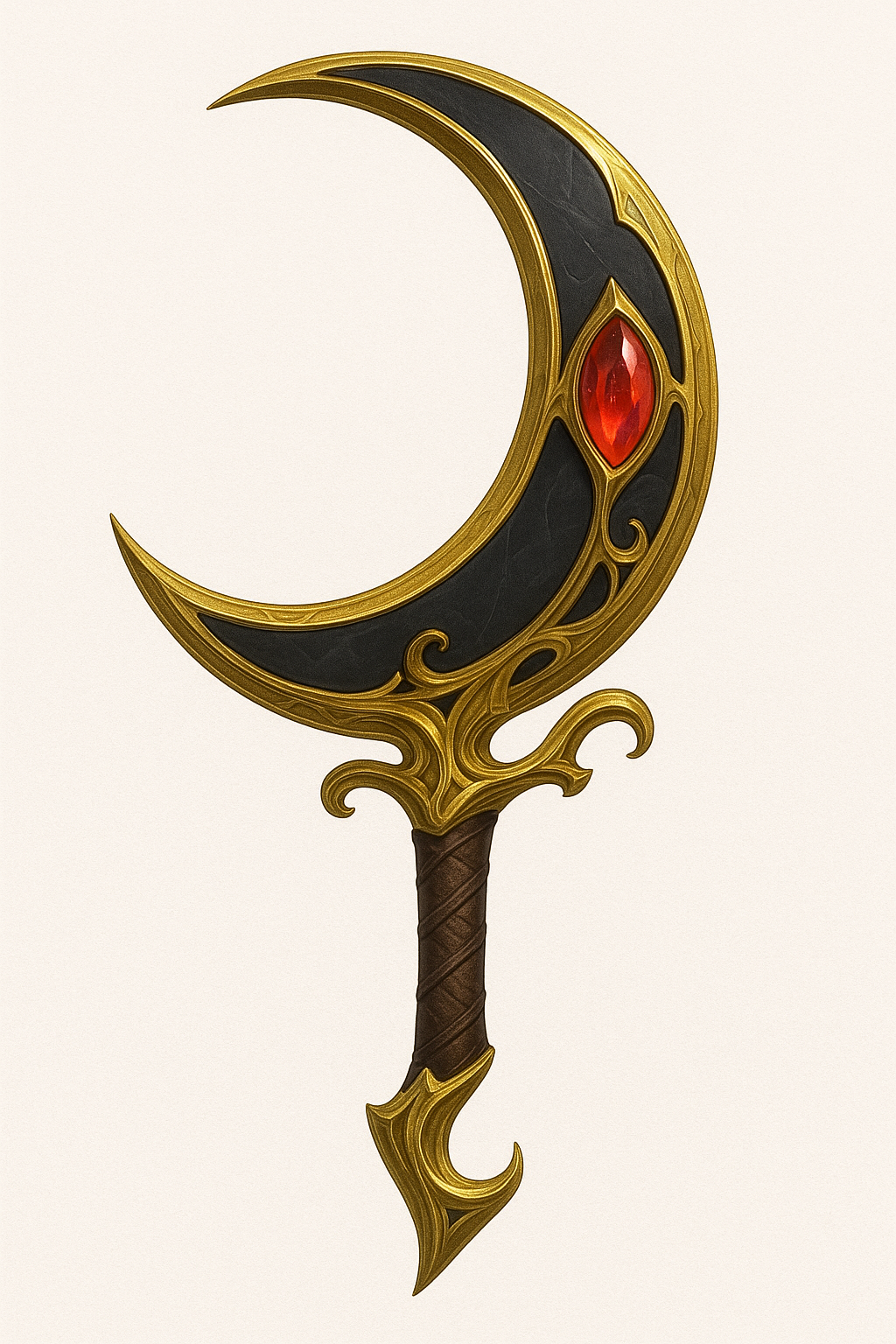 Elven Moonlit Crescent Sword, Crescent Moon Blade with Black Core, Gold Filigree and Ruby Hilt