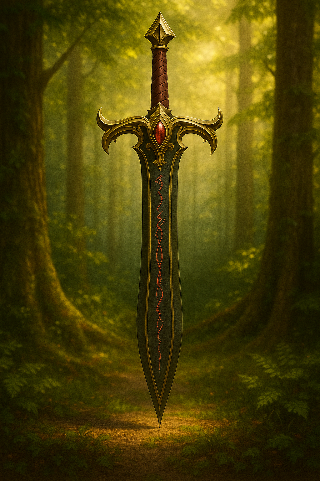 Elven Runen Blade Sword, 3D Printable Model Black-and-Gold Fantasy Blade with Red Rune Markings