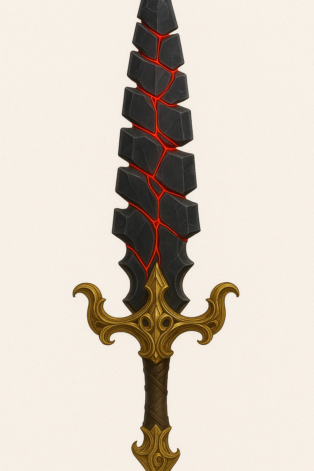 Elven Flooting Spine Sword, 3D Printable Model,  Segmented Obsidian Blade with Red Energy and Gold Root Detailing