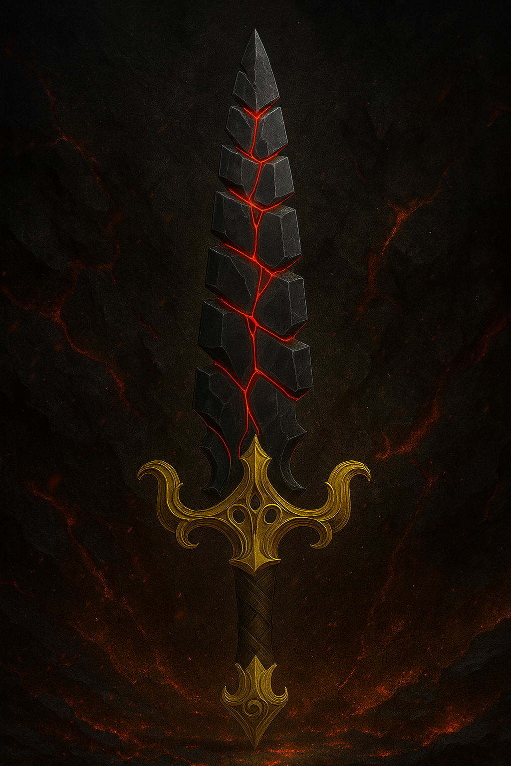 Elven Flooting Spine Sword, 3D Printable Model,  Segmented Obsidian Blade with Red Energy and Gold Root Detailing