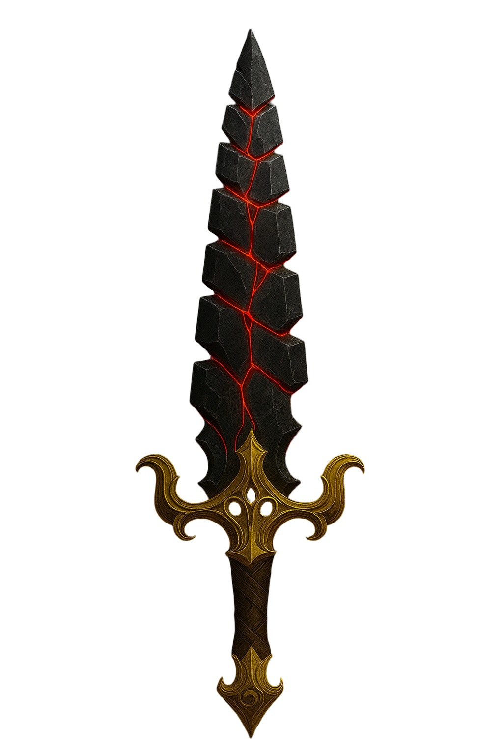 Elven Flooting Spine Sword, 3D Printable Model,  Segmented Obsidian Blade with Red Energy and Gold Root Detailing