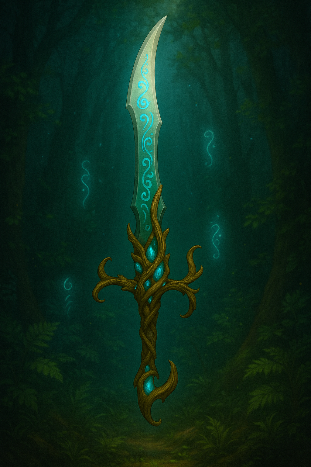 Elven Wild Magic Sword, 3D Printable Model Twisting Wood Hilt with Turquoise Runes and Crystal Inlays