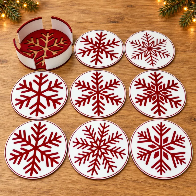 Snowflake Coaster Set with Holder – 8 Christmas Coasters