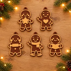 Festive-tabletop-display-of-five-gingerbread-ornaments